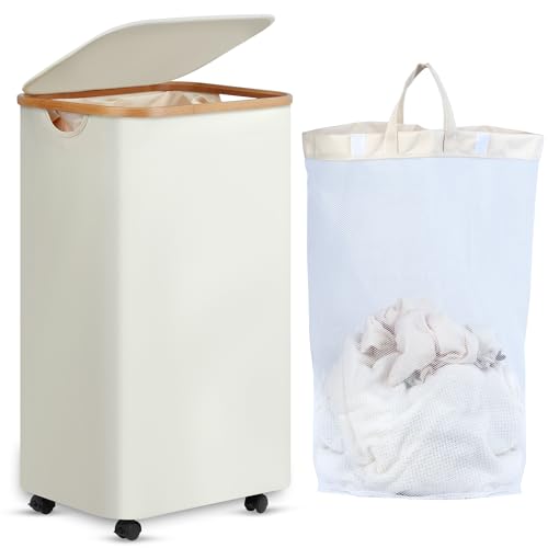 efluky Slim Laundry Basket with Wheels, Rolling Laundry Basket with Lid and Removable Bag, Narrow Dirty Clothes Basket with Wheels for Laundry Room, Bedroom & Bathroom, 75L (19.8 Gallon) Beige