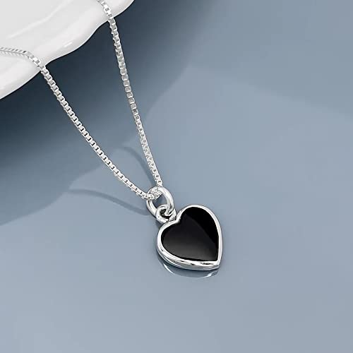 Black Heart Necklace, Tiny and Dainty Sterling Silver Black Onyx Heart Necklace for Women, Black Onyx Pendant Necklace, Layering Necklace (black onyx heart necklace, 14" + 2" extender)