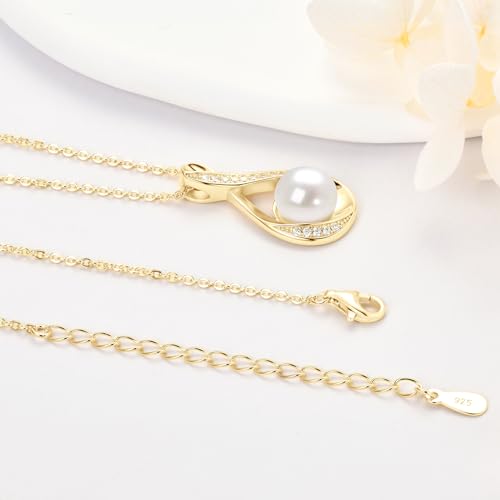 Pearl Necklace for Women, Freshwater Cultured Dainty Gold Single Pearl Pendant Necklace with Moissanite Diamond Wedding Jewelry Gift for Bride Bridesmaid (8mm)