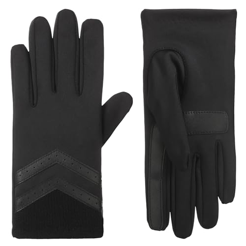 isotoner Women's Spandex Gloves with Chevron and Rib Knit Detail, Touchscreen Compatible Soft Gloves for Women, Features Pull-on Closure, Fleece Lining, Water Repellent, Black, Small/Medium