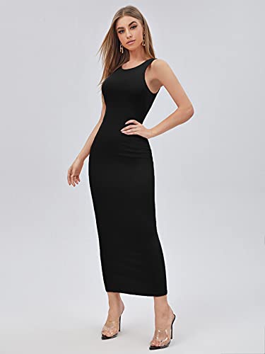 Verdusa Women's Basic Round Neck Sleeveless Solid Bodycon Maxi Long Dress Black XS
