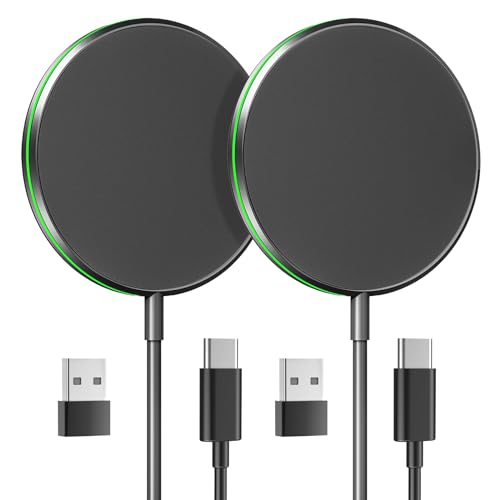 2 Pack Magnetic Wireless Charger 15W Fast Apple Mag-Safe Charger for iPhone 16/15/14/13/12 Series Magnet Wireless Charging Pad for AirPods 3/2/Pro Mag Safe Charger with 5ft Dual Charging Port Cable, Black