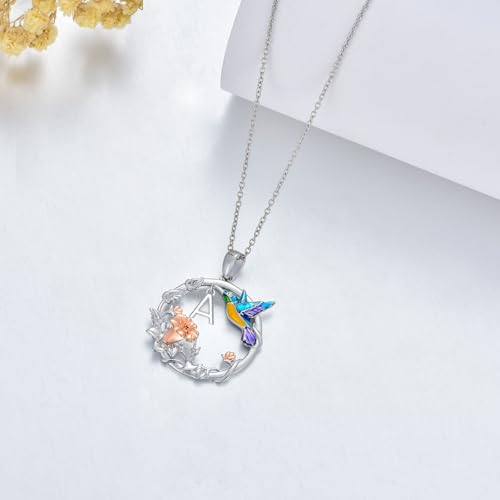 LONAGO Hummingbird Necklace with W Initial, Hummingbird Pendant Necklaces A-Z 26 Alphabet Necklace Sterling Silver Gift for Women (W)
