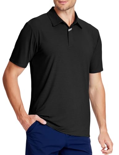 Men's Short Sleeve Polo Shirts Regular-Fit Moisture Wicking Golf Shirt Stretch Solid Color Tees Golf Athletic Casual Stylish Tops Black