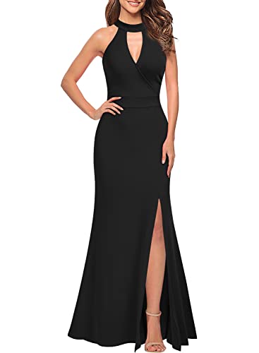 WOOSEA Women's High Neck Sleeveless Split Bodycon Mermaid Evening Cocktail Long Dress Black