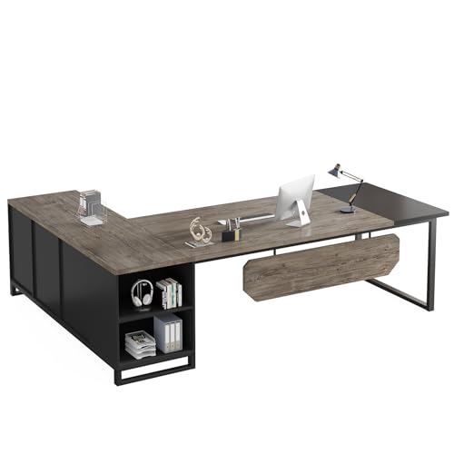 Tribesigns 70.8" Executive Desk with 55" File Cabinet, Modern L Shaped Computer Desk with Storage Shelves and Cabinet, Large L Shaped Executive Desk for Home Office, Beige & Walnut