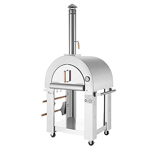 Empava Wood Fired Pizza Oven for Outside Stainless Steel Artisan Grill with Stand and Wheels Charcoal or Pellets Fueled, Built-in Thermometer, for Backyard, Camping, Patio, 32.5 Inch, Sliver
