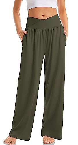 TARSE Womens Wide Leg Pants Petite Loose Yoga Pants Casual Lounge Flowy Pants Pockets Stretch Sweatpants(Army Green,S)