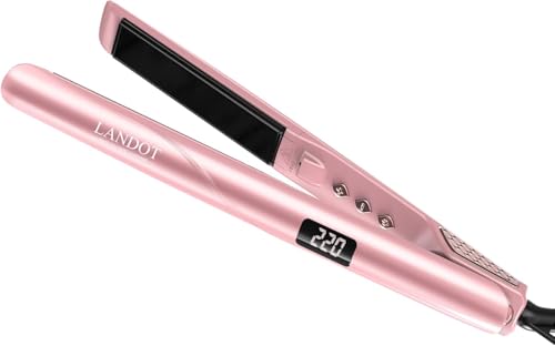 LANDOT Flat Iron Hair Straightener: Ceramic Hair Straightening Iron 1 inch - Dual Voltage Straightener and Curler 2 in 1 for Straighten Curl Wave Hair Rose Gold Color Hair Styling Tools