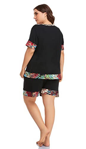 ZERDOCEAN Women's Plus Size Soft Sleepwear Pajamas Set Short Sleeve Tops with Shorts Nightwear Pj Lounge Sets Black+paisleyrim 1X