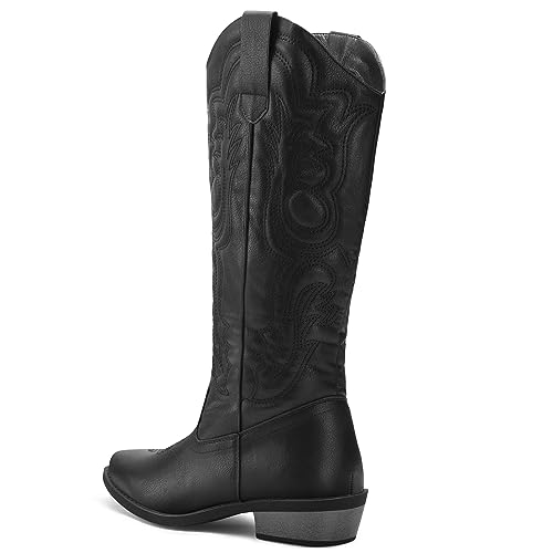 mysoft Women's Cowboy Boots Mid Calf Cowgirl Boots Embroidered Western Pointed Toe Chunky Heel Pull On Knee High Boots