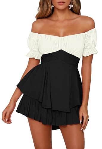 Fixmatti Women's Color Block Romper Summer Square Neck Puff Short Sleeve Tie Back Playsuits Khaki M