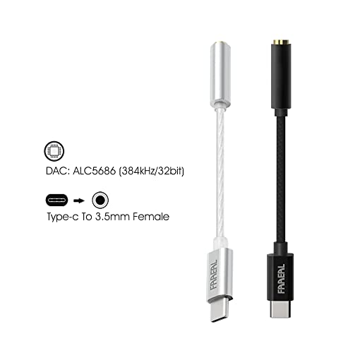 FAAEAL Type-C to 3.5mm DAC Cable Decoding Headphone Converter Gold-Plated Female Seat Earphone Amplifier Braided/Silver-Plated Wire Audio Adapter for Win10 Android Tablet PC Earphones (Black)