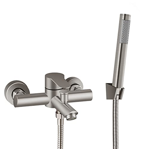 Aolemi Wall Mount Tub Filler Brushed Nickel 6 Inch Center Bathtub Faucet with Handheld Shower SUS304 Stainless Steel Single Handle Shower Mixer Taps with Hand Sprayer