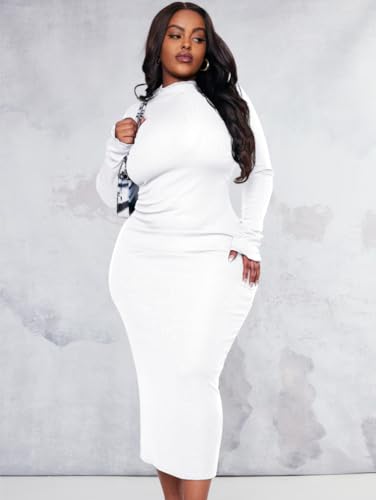 BEAGIMEG Women's Sexy Bodycon Plus Size Long Sleeve Rib Lettuce Hem Club Evening Party Maxi Dress White