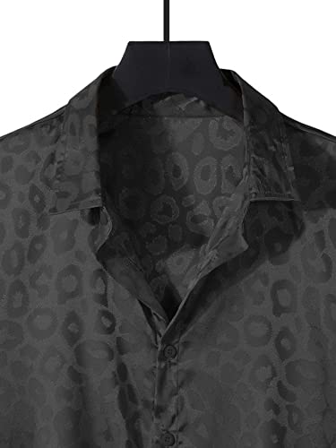 Verdusa Men's Satin Button Down Lapel Collar Leopard Print Short Sleeve Shirt Black S