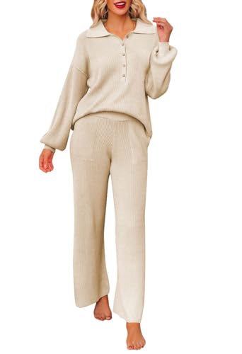 Pink Queen Women's 2 Piece Outfit Set V Neck Puff Sleeve Button Pullover Sweater Top Wide Leg Pants Sweatsuits Khaki L