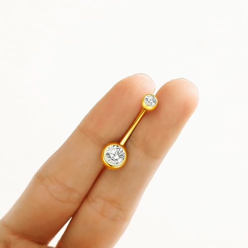 ORANGELOVE G23 Titanium Belly Button Ring CZ Round Cubic Zirconia Internally Threaded Belly Button Navel Piercing Ring Gold 14G 8mm Belly Body Piercings Barbell Jewelry Navel Ring for Women Men