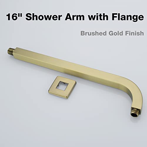 TRUSTMI Shower Arm with Flange 16 Inch Square Rainfall Shower Head Extension, Brushed Gold
