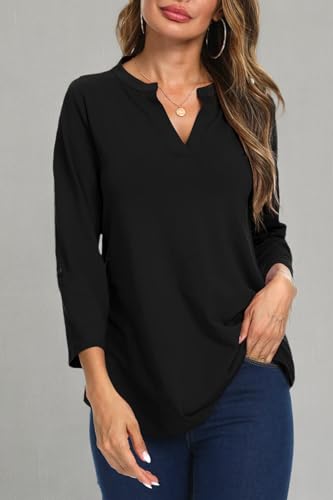 NILOUFO Womens Casual Summer Shirts Notch V Neck Blouses 3/4 Roll Sleeve Tops Tunics(Acid Blue, Medium)