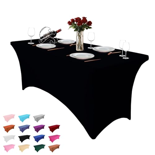 Heochy 1 Pc 6FT Table Cloth for Rectangle Table - Black Tablecloth Rectangular Fitted Stretch Spandex Table Covers 6 ft for Birthday, Cocktail, Wedding, Banquet Fall Outdoor Party