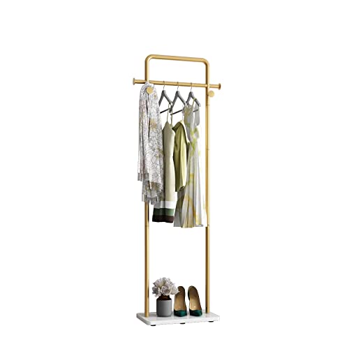 TIEOU Gold Clothing Racks with Shelf, Heavy Duty Gold Clothes Racks for Boutiques, Free-Standing Metal Garment Rack for Hanging Clothes, Modern Coat Rack Entryway