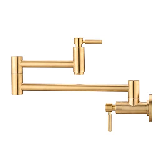 Fonveth Brushed Gold Wall Mounted Pot Filler Kitchen Faucet, Dual Handles, 1/2 IPS Male Threaded - 14 NPT inlet