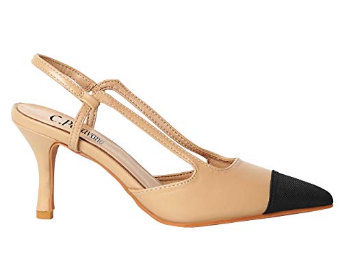C.Paravano Women's Slingback Pumps | Pointed Toe Kitten Heels | Closed Leather Heeled Sandal | Wedding Dress Pumps Shoes (Size 11,Beige Heels)