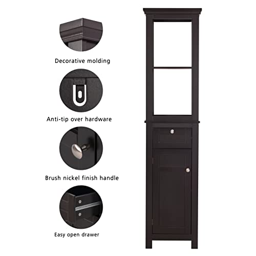 Spirich Bathroom Freestanding Storage Cabinet with Two Tier Open Shelves, Tall Slim Cabinet with Door and Drawer, Free Standing Linen Tower (Espresso)