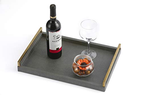 WV 17.8 * 11.8" Grey Shagreen Large Serving Tray with Brushed Gold Handle,Faux Leather Home Decorative Tray, Coffee Table Tray for Living Room, Dinning, Vanity (Grey