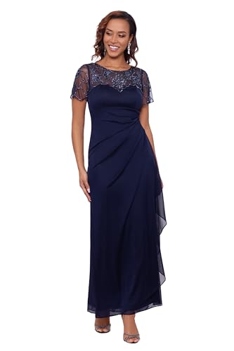 Xscape Women's Long Beaded Sequin Illusion Neckline Jersey Dress (Reg and Petite), Navy