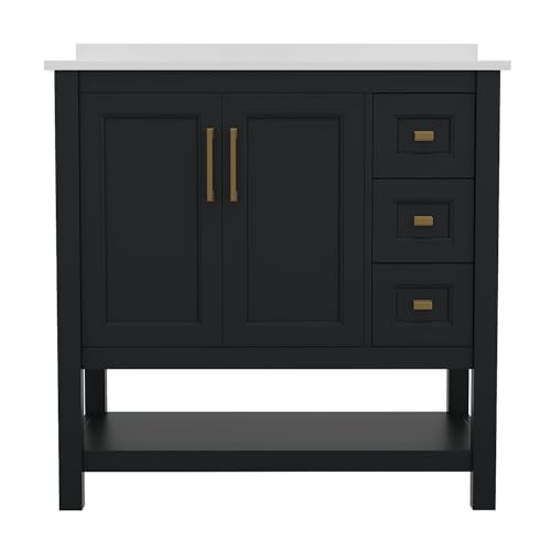 Flash Furniture Vega 36 Inch Bathroom Vanity with Sink, Storage Cabinet with Soft Close Doors, Open Shelf and 3 Drawers, Carrara Marble Finish Countertop, Black/Gold