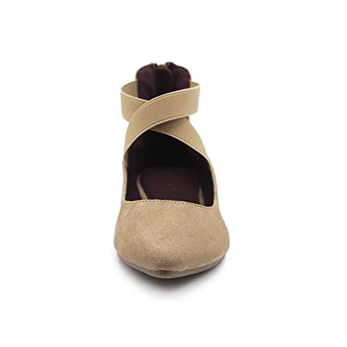 Ollio Women's Faux Suede Elastic Ankle Strap Pointed Toe Ballet Flats F167 (6.5 B(M) US, Beige)