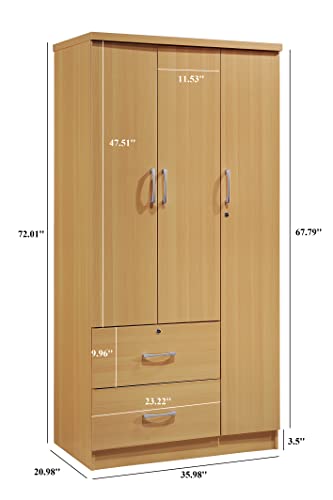Hodedah 3-Door Armoire with 2-Drawers, 3-Shelves in Beech