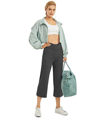 G4Free Wide Leg Capri for Women Trouser Style Yoga Pants with Pockets Summer Cross Waist Crop Pants for Casual Lounge(Charcoal Heather,S,25")