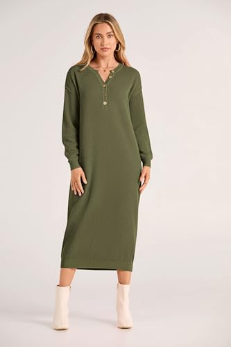 PRETTYGARDEN Women's 2024 Fall Knit Sweater Dress Long Sleeve Button V Neck Loose Casual Maxi Dresses (Army Green,Small)