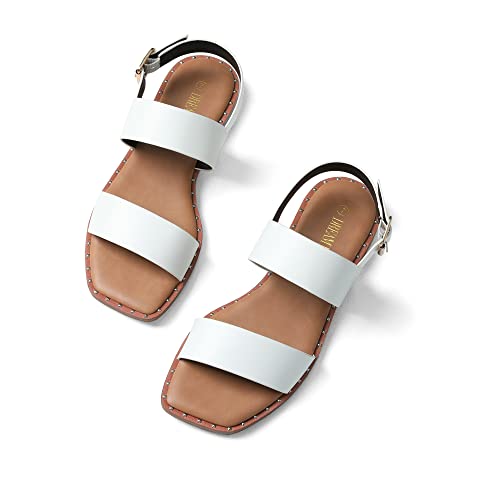 DREAM PAIRS Women's Summer Casual Dressy Cute Flat Sandals Comfortable Sexy Square-Toe Fashion One Band Strappy Shoes Wide Width, White, Size 5.5, Sdfs222w
