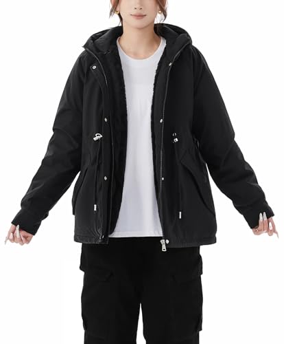 JiangWu Womens Fashion Fleece Sherpa Lined Hooded Coat Winter Thicken Warm Jacket(A-Black,Medium)