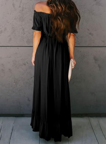 Happy Sailed Off Shoulder Dress for Women Summer Short Sleeve Ruffle Hem Irregular Elegant Maxi Long Beach Party Dress Casual Drawstring Belted Maternity Dresses Green X-Small