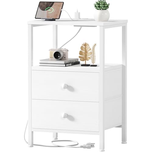 KAI-ROAD Black Night Stand with Charging Station and USB Ports, Small Nightstand with Drawers and Shelf Storage End Table for Bedroom, Dorm, Modern Bedside Table