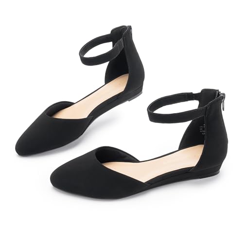 Cusolemore Women's Closed Toe Flat Shoes with Ankle Strap, Black Flats for Women, Pointed Toe Dress Shoes with Low Wedge Heel Size 6.5