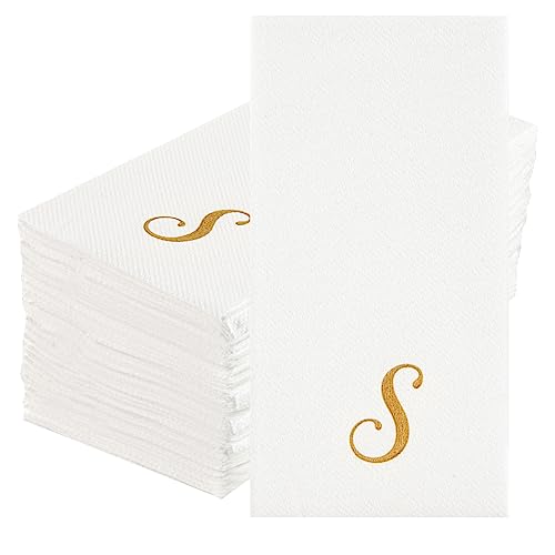 Luxenap 15.8 X 7.9 Inch Linen-Feel Guest Towels, 2000 Lettered Hand Towels - Gold Letter 'G', Cursive Font, White Paper Dinner Napkins, airlaid, For Restrooms And Tables - Restaurantware
