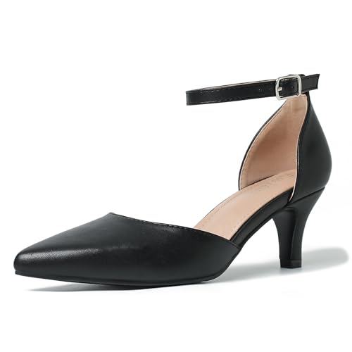 Women's Low Heel Pumps Closed Pointed Toe Kitten Heel D'Orsay Ankle Strap Bridal Wedding Party Shoes Suede Black 46-12US
