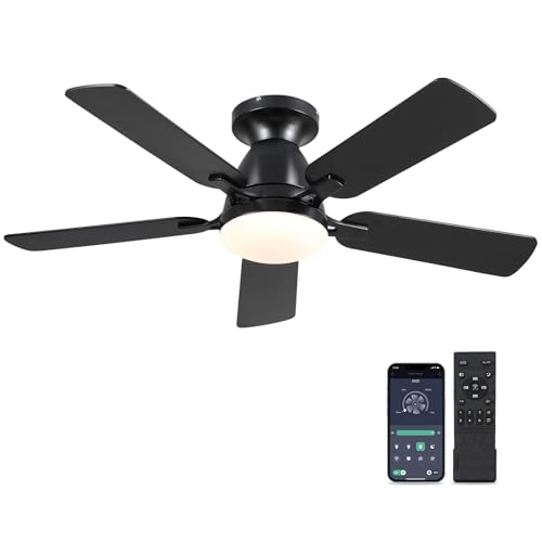 Ceiling Fans with Lights- 46" Low Profile Indoor Ceiling Fan with Light and Remote/APP Control, Flush Mount, LED Dimmable DC Reversible Modern Ceiling Fan for Bedroom(Black)
