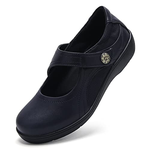 UZB MARY JANE SHOES WOMEN'S MEMORY FOAM ORTHOPEDIC OFFICE & WORK SHOES - NON SLIP CASUAL FLATS WITH HOOK AND LOOP CLOSURE, NAVY, 6 US