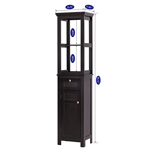 Spirich Bathroom Freestanding Storage Cabinet with Two Tier Open Shelves, Tall Slim Cabinet with Door and Drawer, Free Standing Linen Tower (Espresso)