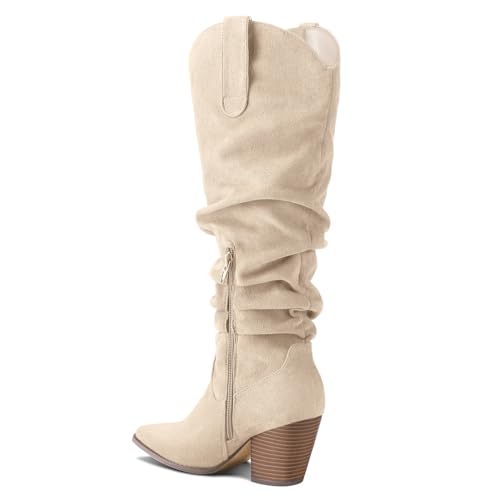 mysoft Women's Cowboy Knee-High Boots Pointed Toe Mid Chunky Heel Pull On Slouchy Boots with Zippers