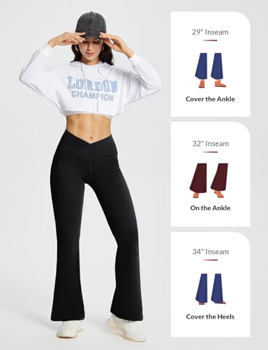 baleaf Women's Tall Flare Leggings 34" Tummy Control Crossover High Waisted Long Bootcut Yoga Pants with Pockets Work Casual Black S