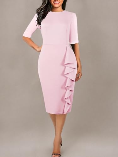 CISMARK Women's Vintage Short Sleeve Polka Dot Falbala Fold Slim Fit Pencil Dress (X-Large, RO07O)