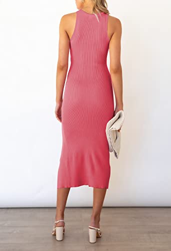 Pink Queen Women's Sexy Cutout Midi Dress Summer Beach Outfits Sleeveless Ribbed Knit Bodycon Dresses Khaki L